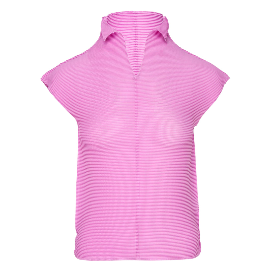 me Issey Miyake Stretch Pleats 2 sleeveless top in deep burgundy, featuring all-over micro-pleated texture, a high stand collar with centre V-notch, and a broad structured shoulder line