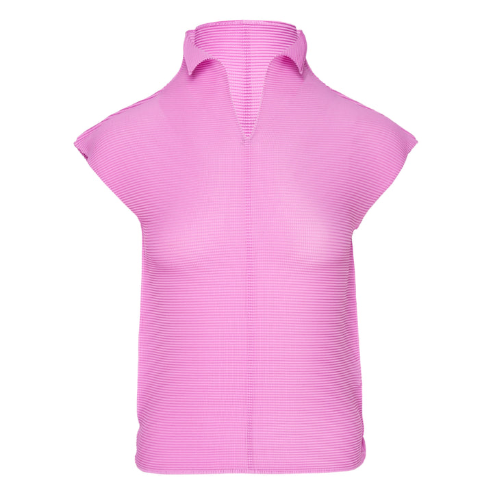 me Issey Miyake Stretch Pleats 2 sleeveless top in deep burgundy, featuring all-over micro-pleated texture, a high stand collar with centre V-notch, and a broad structured shoulder line