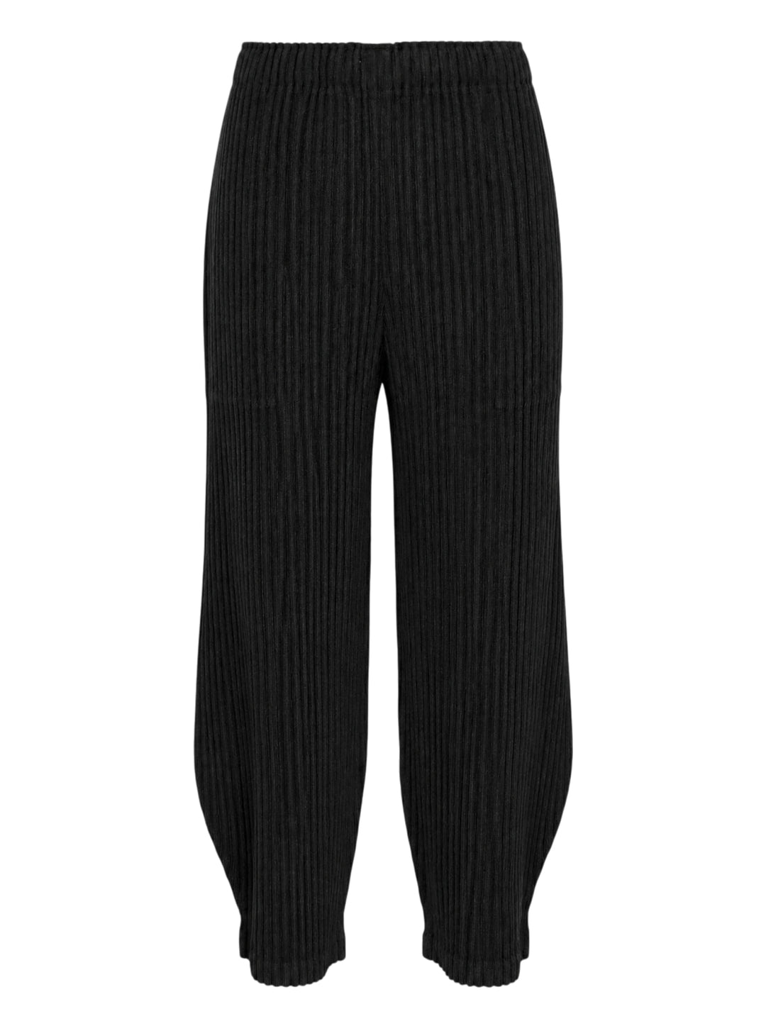 me Issey Miyake Corduroy Pleats black ribbed pleated pants with elasticated waist and curved, tapered leg, front view