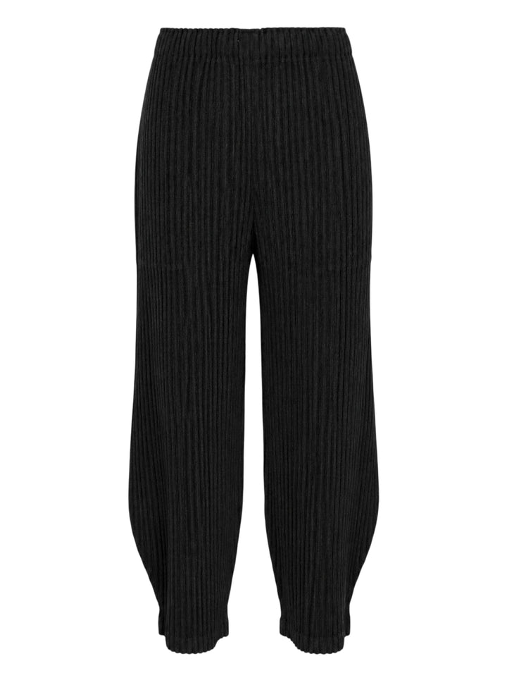 me Issey Miyake Corduroy Pleats black ribbed pleated pants with elasticated waist and curved, tapered leg, front view