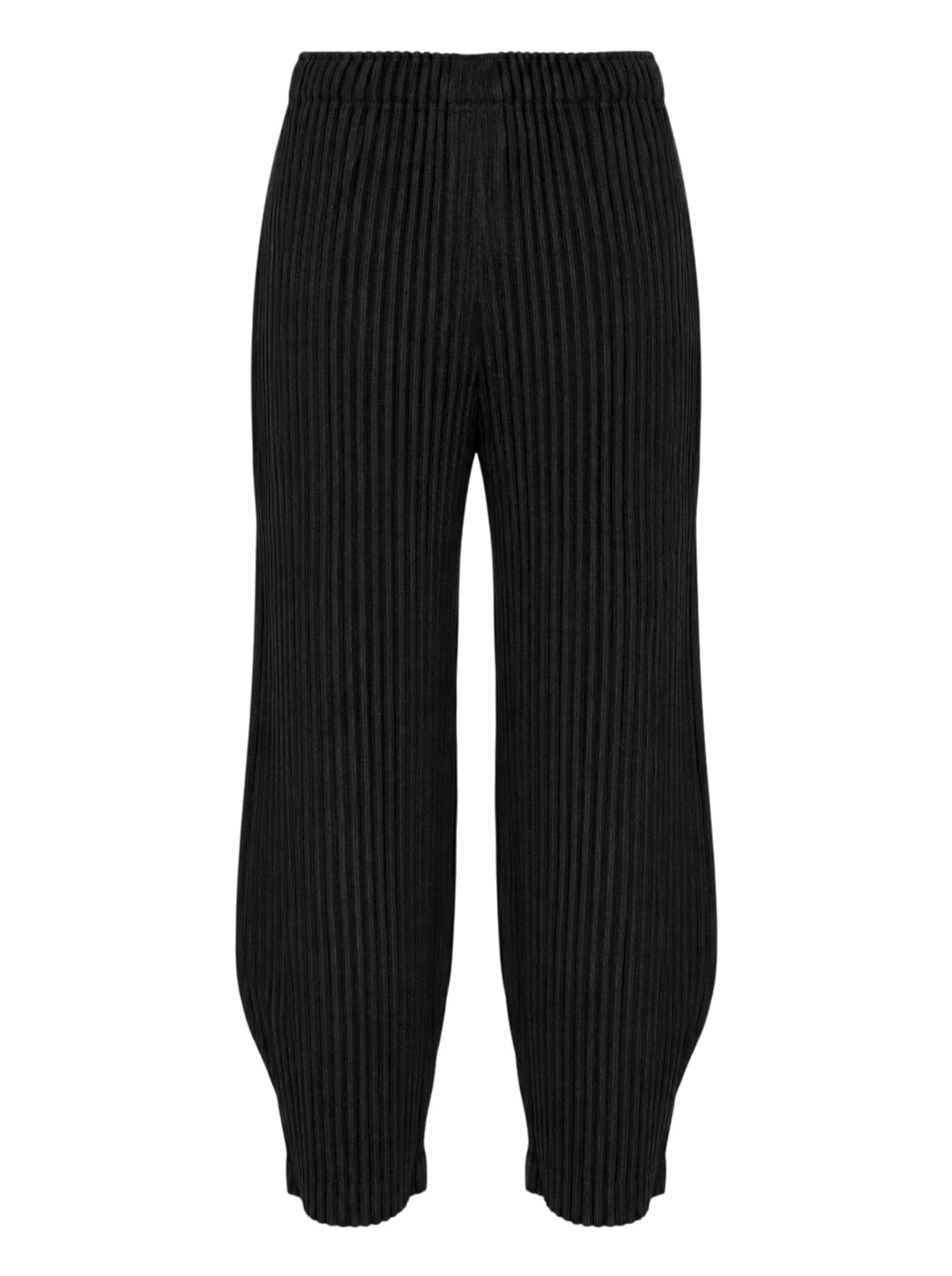 me Issey Miyake Corduroy Pleats black ribbed pleated pants with elasticated waist and curved, tapered leg, front view - view 2