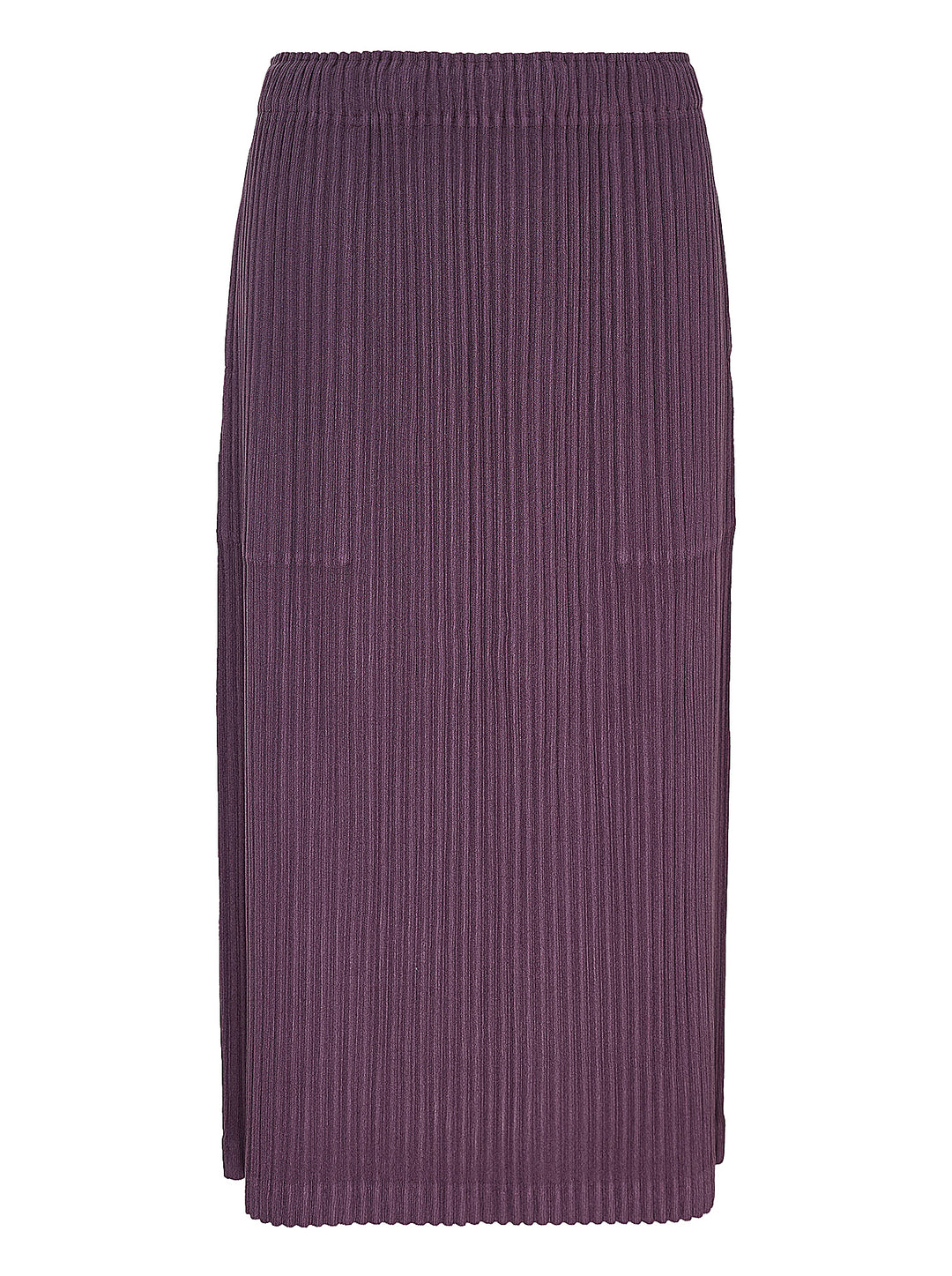 me Issey Miyake Corduroy Pleats midi skirt in plum purple with fine vertical ribbed pleats and an elasticated waistband, shown front view