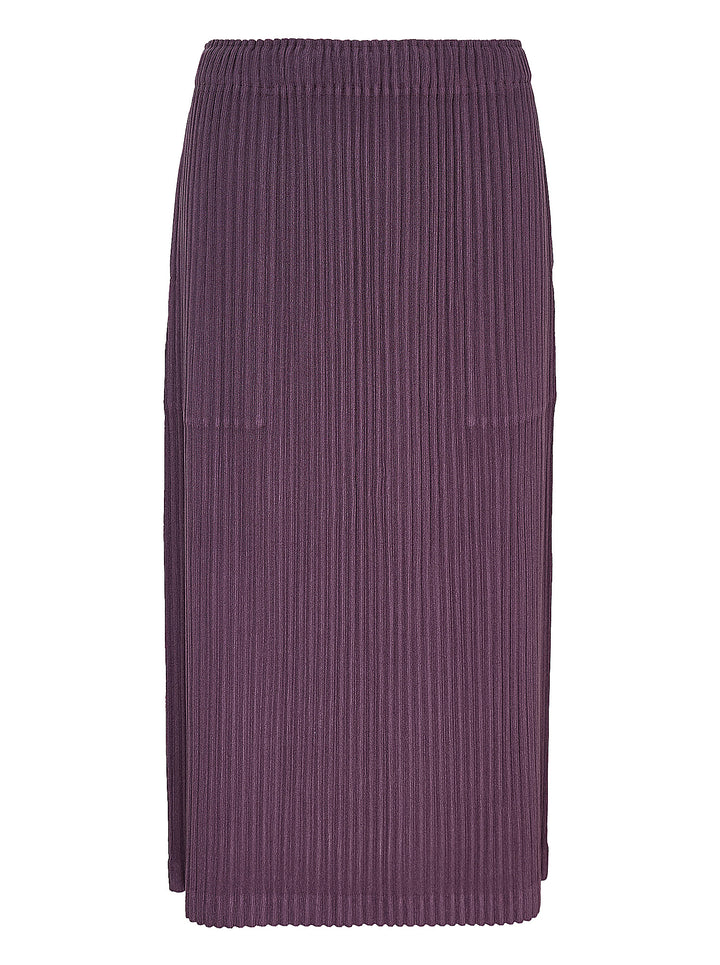 me Issey Miyake Corduroy Pleats midi skirt in plum purple with fine vertical ribbed pleats and an elasticated waistband, shown front view