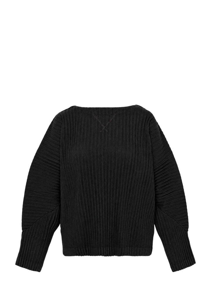 me Issey Miyake Corduroy Pleats long sleeve top in black with boat neckline, sculpted pleated sleeves and cross-stitch detail at the neck
