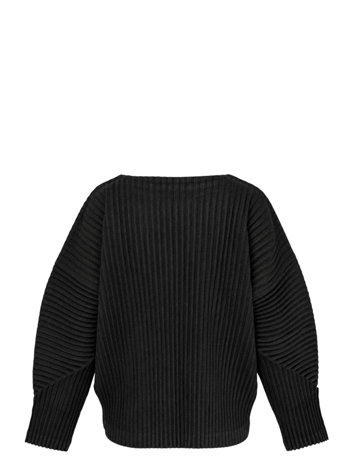 me Issey Miyake Corduroy Pleats long sleeve top in black with boat neckline, sculpted pleated sleeves and cross-stitch detail at the neck - view 2