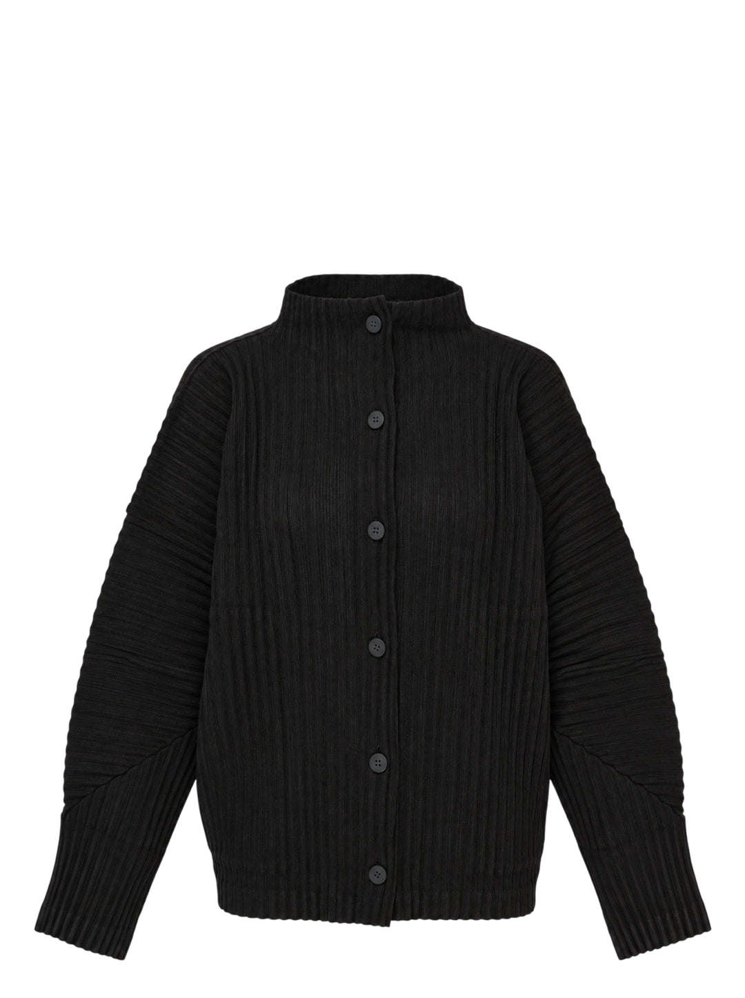 me Issey Miyake Corduroy Pleats black pleated cardigan with funnel neck, button front and paneled dolman sleeves