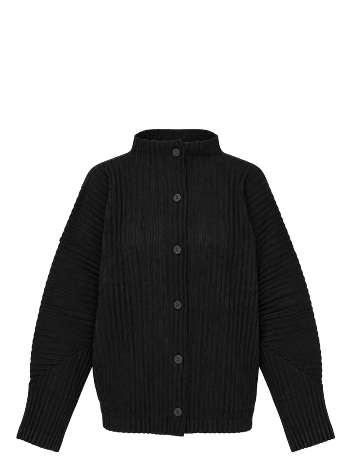 me Issey Miyake Corduroy Pleats black pleated cardigan with funnel neck, button front and paneled dolman sleeves