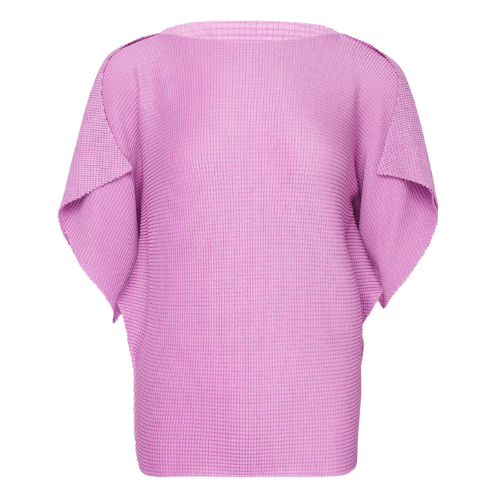 me Issey Miyake Tower Knit Stretch Pleats top in black, shown from the back, featuring a structured waffle-knit pleated fabric, oversized batwing sleeves with raw edges, and a rounded crew neckline