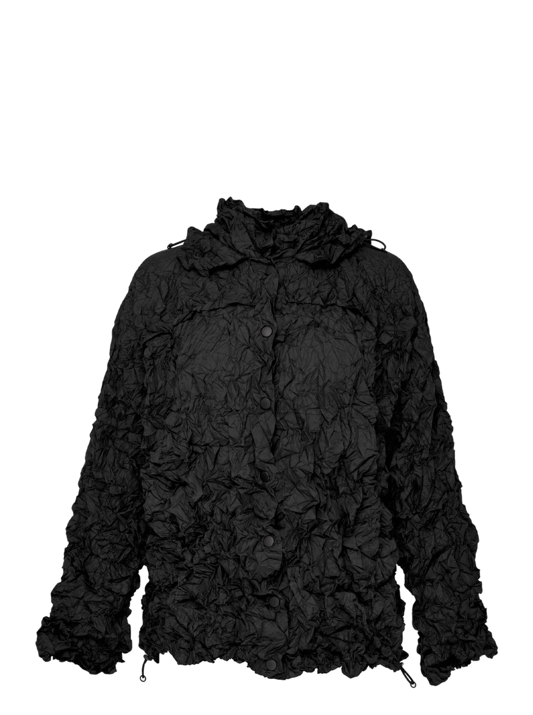 me Issey Miyake Meringue Parka in black — oversized crinkled blouson with ruched hood, snap-button front, and drawstring hem and cuffs