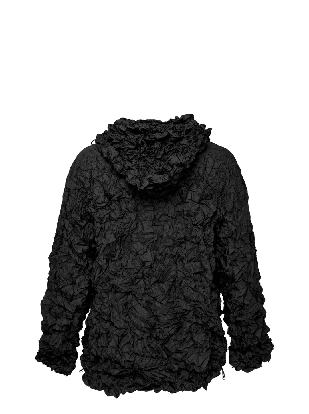 me Issey Miyake Meringue Parka in black — oversized crinkled blouson with ruched hood, snap-button front, and drawstring hem and cuffs - view 2