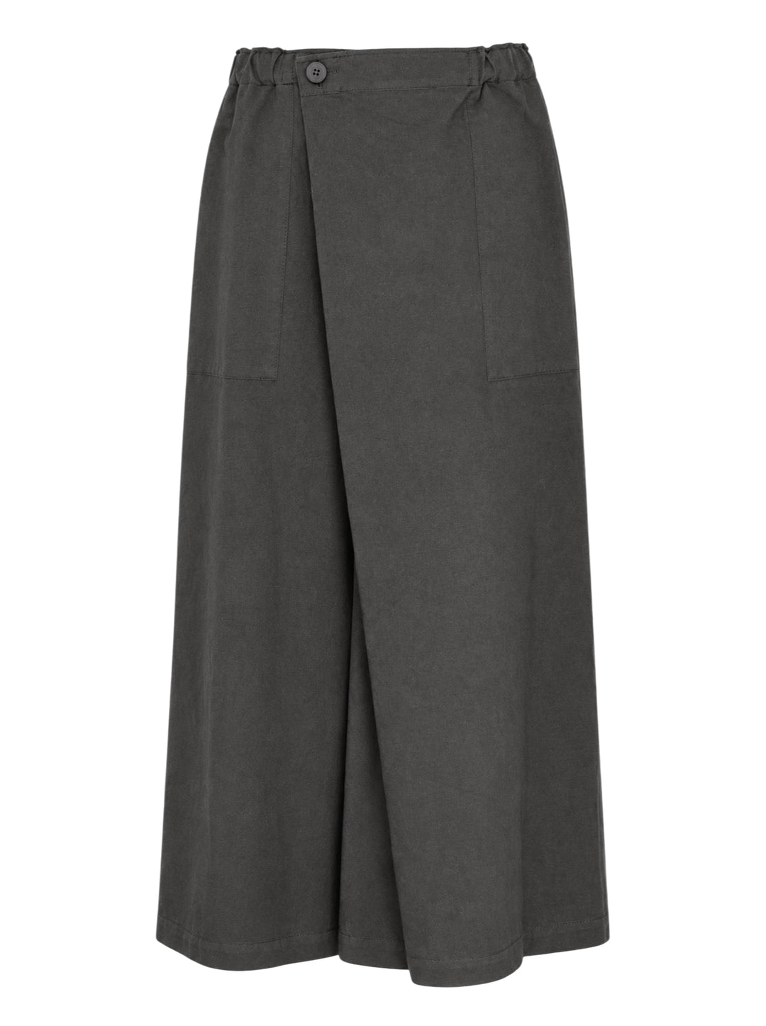 me Issey Miyake PINA CLOTH wide-leg pants in charcoal grey with a wrap-front panel, elasticated waist, and patch pockets