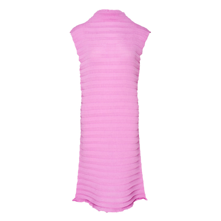 me Issey Miyake Accordion See-Through Crepe sleeveless black dress with horizontal accordion pleating, mock-neck collar, and scalloped hem, front view on white background