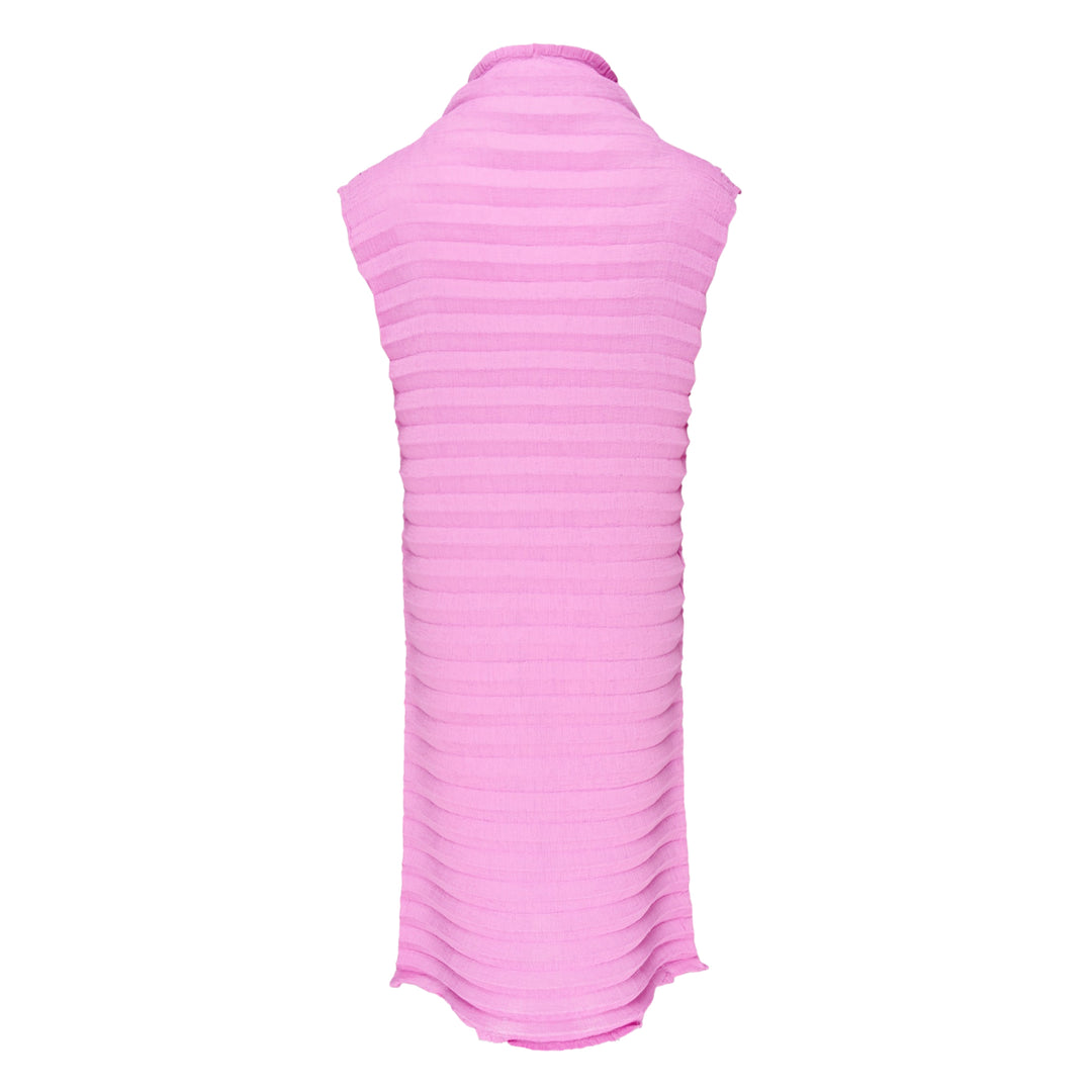 me Issey Miyake Accordion See-Through Crepe sleeveless black dress with horizontal accordion pleating, mock-neck collar, and scalloped hem, front view on white background