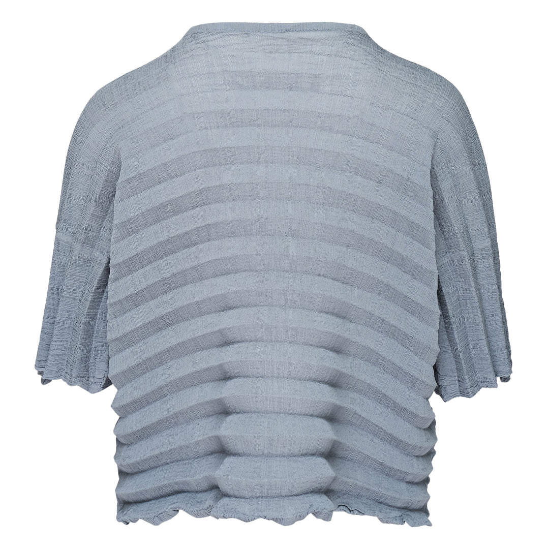 me Issey Miyake Accordion See-Through Crepe top in dusty blue, featuring horizontal accordion pleating, oversized boxy silhouette, elbow-length sleeves, and a gathered ruched hem, photographed flat on a white background
