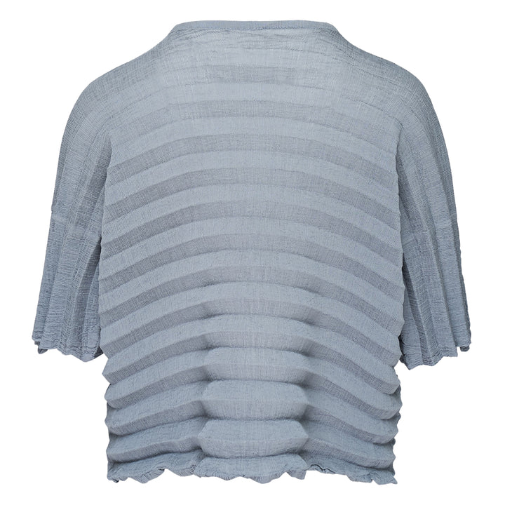 me Issey Miyake Accordion See-Through Crepe top in dusty blue, featuring horizontal accordion pleating, oversized boxy silhouette, elbow-length sleeves, and a gathered ruched hem, photographed flat on a white background