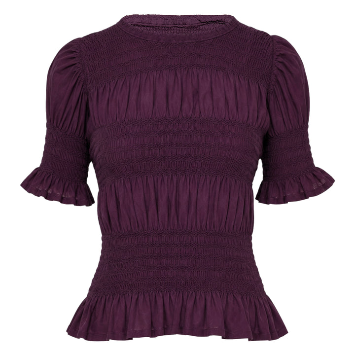me Issey Miyake Shrink Stripe Short Sleeve Top in black, featuring horizontal smocked banding, puff sleeves with ruffle cuffs, and a flounced peplum hem, displayed on a flat lay against a white background