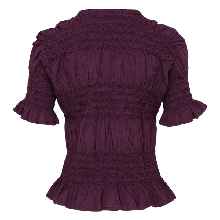 me Issey Miyake Shrink Stripe Short Sleeve Top in black, featuring horizontal smocked banding, puff sleeves with ruffle cuffs, and a flounced peplum hem, displayed on a flat lay against a white background