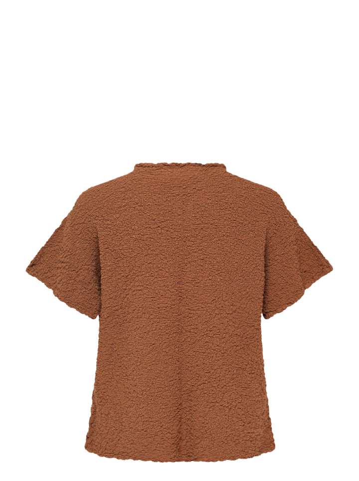 me Issey Miyake Leaf Tulle Cauliflower Top in rust brown bouclé with sage green ruffled tulle script lettering across the chest and sleeves, short sleeves with matching tulle stripe detailing and frilled neckline - view 2