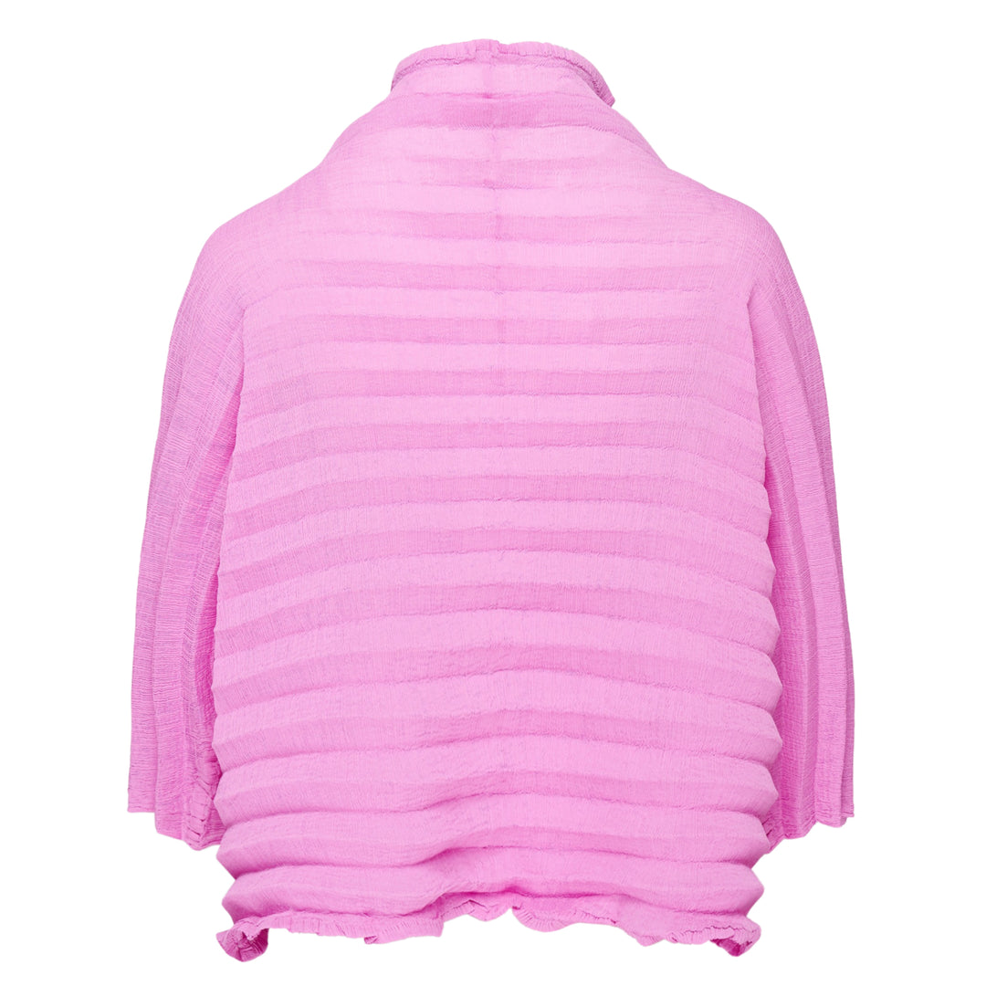 me Issey Miyake Accordion See-Through Crepe Cardigan in pink, featuring horizontal accordion pleating, ruffled lettuce-edge trim, dark contrast button-through front, and a relaxed long-sleeve silhouette