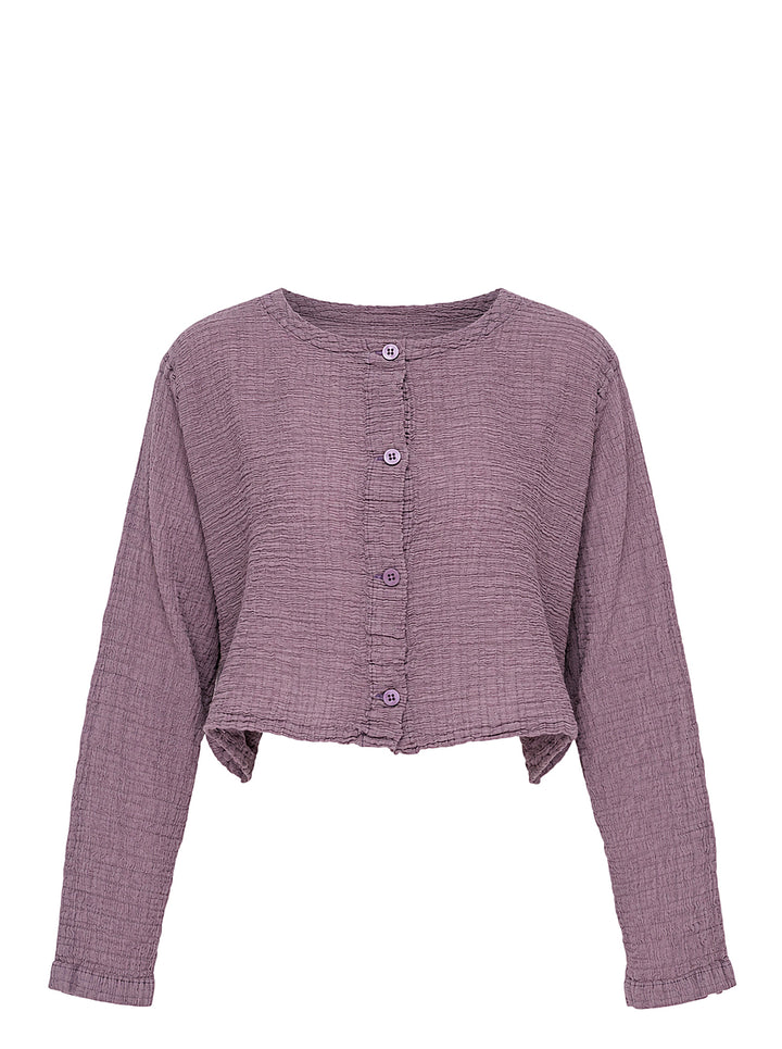 me Issey Miyake Polycotton Crepe cropped cardigan in dusty lilac with crinkled texture, round neckline and tonal button front