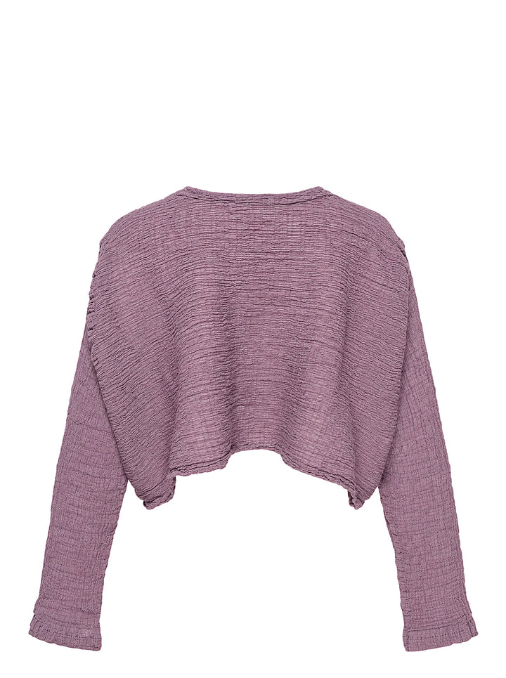 me Issey Miyake Polycotton Crepe cropped cardigan in dusty lilac with crinkled texture, round neckline and tonal button front - view 2