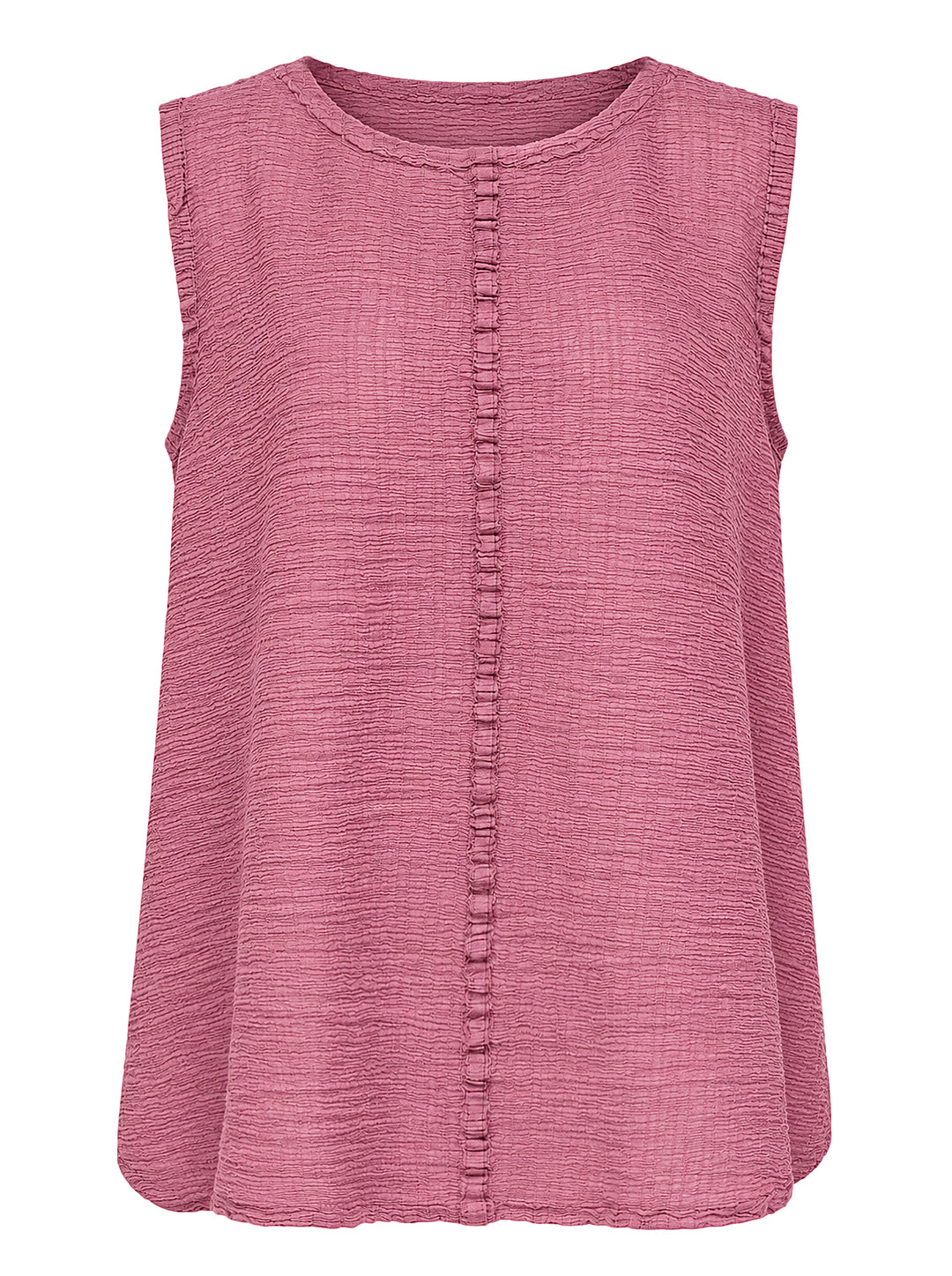 me Issey Miyake sleeveless tunic in textured polycotton crepe with ruffled centre-front seam and round neckline