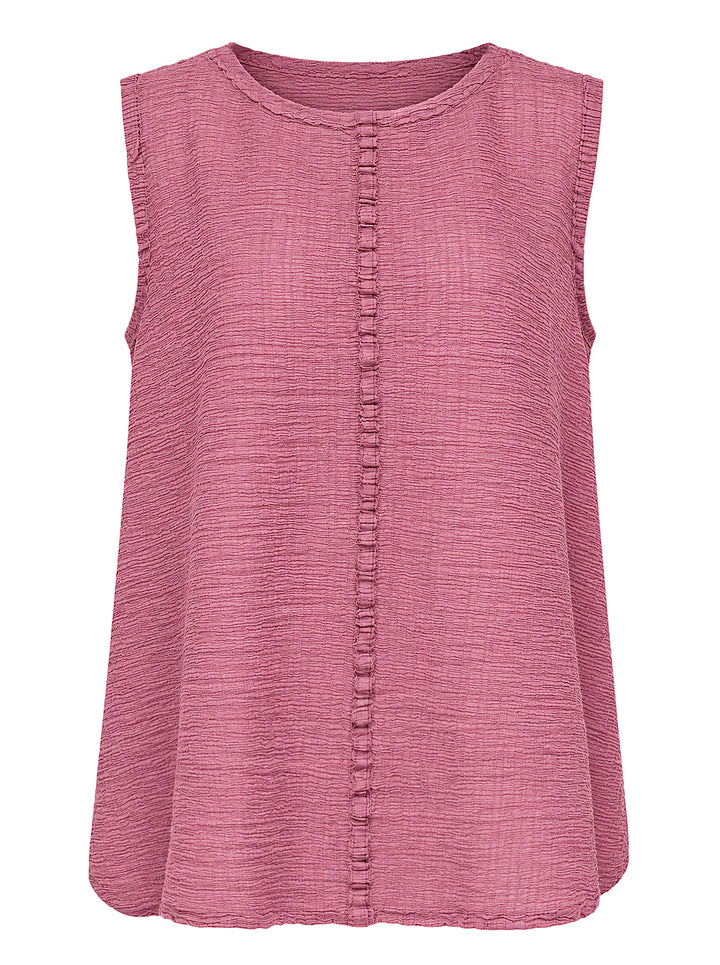 me Issey Miyake sleeveless tunic in textured polycotton crepe with ruffled centre-front seam and round neckline