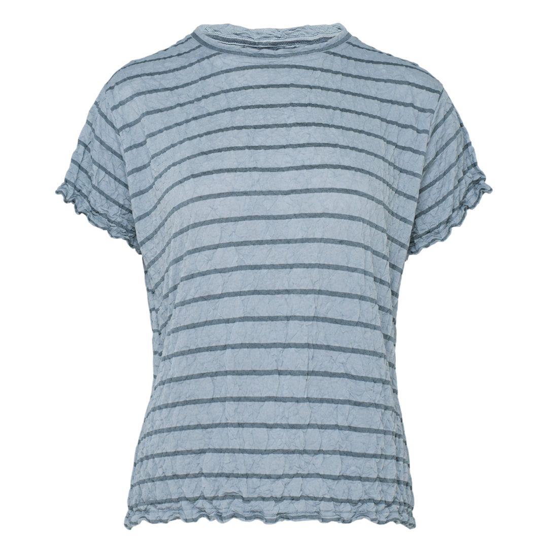 me Issey Miyake Stripe Meringue T-Shirt in pink with horizontal stripes, crinkle-textured fabric, and lettuce-edge frill trim at the sleeves and hem