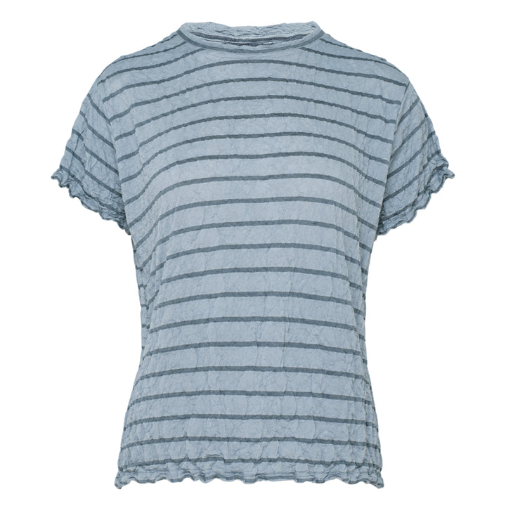 me Issey Miyake Stripe Meringue T-Shirt in pink with horizontal stripes, crinkle-textured fabric, and lettuce-edge frill trim at the sleeves and hem