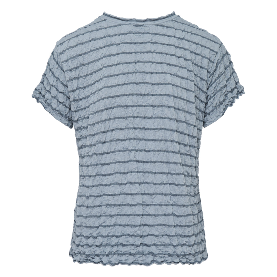 me Issey Miyake Stripe Meringue T-Shirt in pink with horizontal stripes, crinkle-textured fabric, and lettuce-edge frill trim at the sleeves and hem