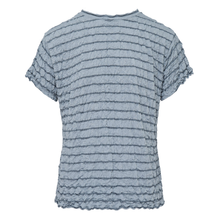 me Issey Miyake Stripe Meringue T-Shirt in pink with horizontal stripes, crinkle-textured fabric, and lettuce-edge frill trim at the sleeves and hem