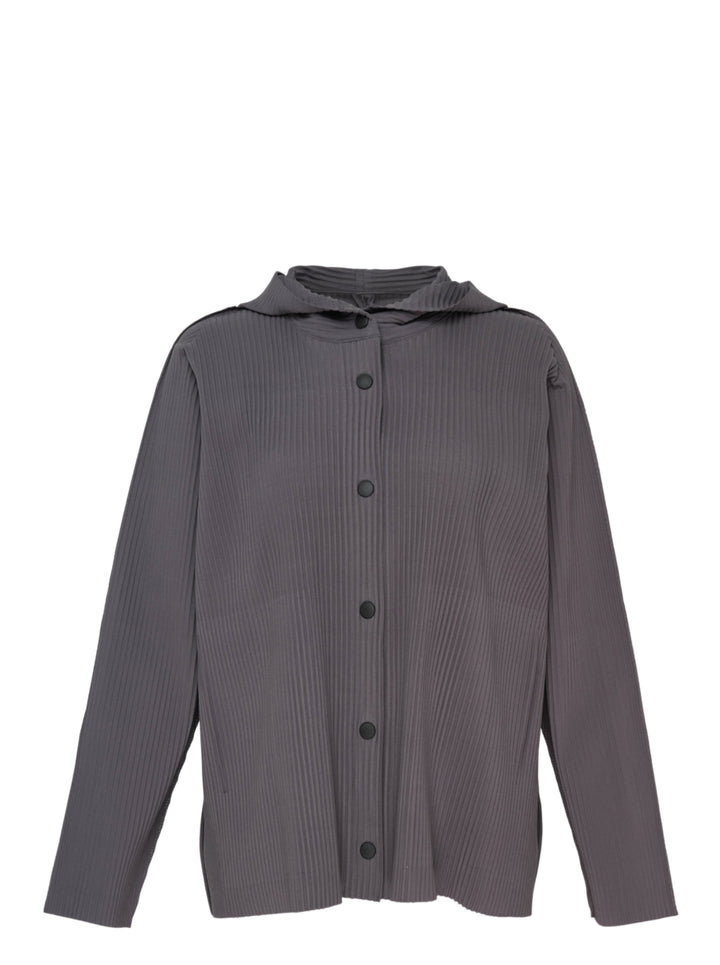 me Issey Miyake Fine Knit Pleats Color 2 blouson in slate grey, featuring vertical pleating, an attached hood, and tonal snap button-front closure