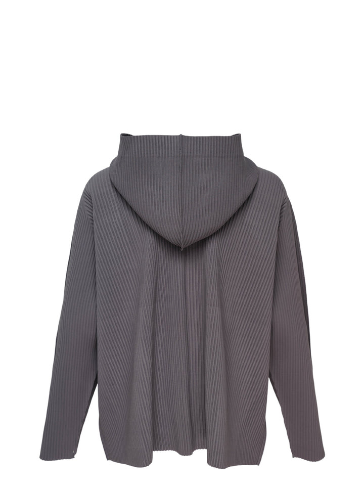 me Issey Miyake Fine Knit Pleats Color 2 blouson in slate grey, featuring vertical pleating, an attached hood, and tonal snap button-front closure - view 2