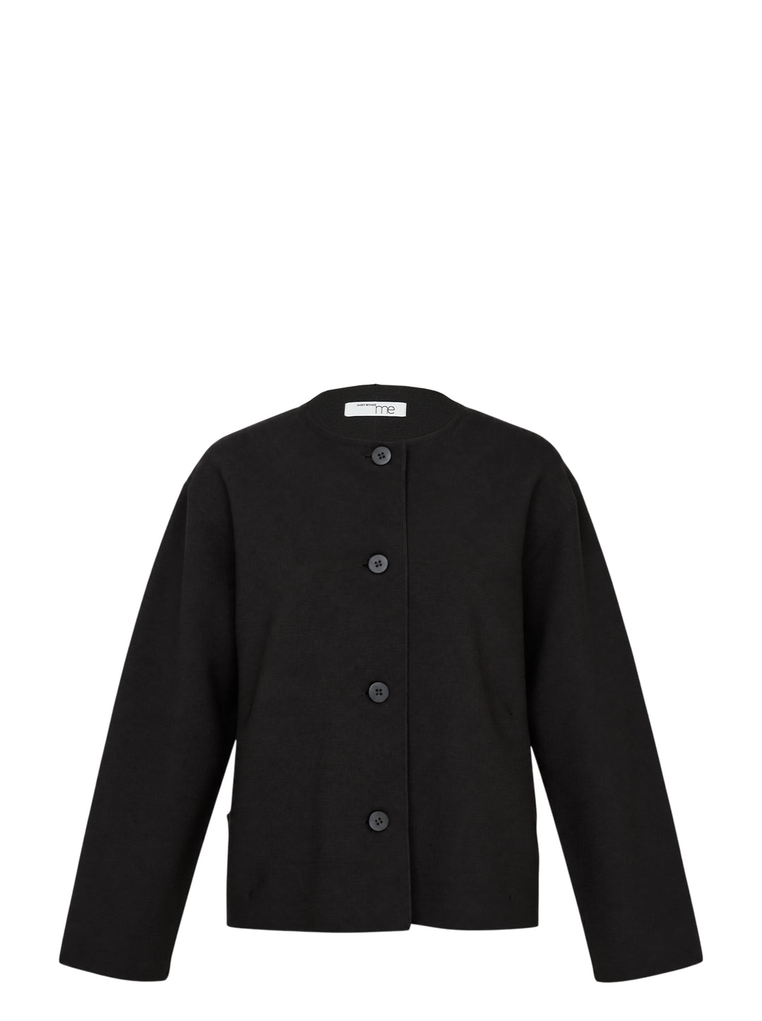 me Issey Miyake Solid Knit jacket in black with a collarless neckline, button-through front and wide sleeves