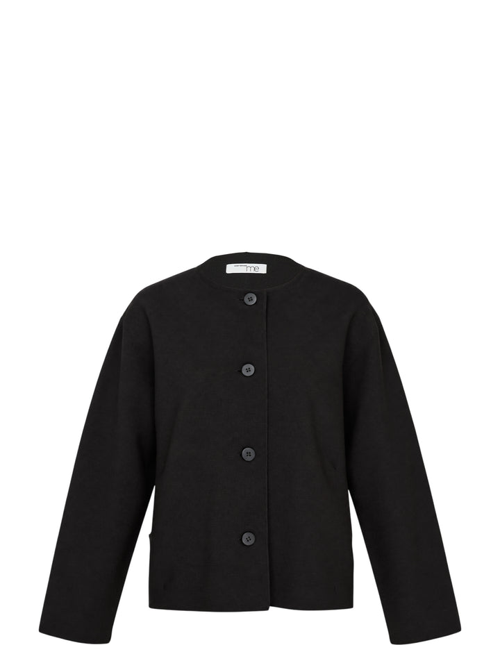 me Issey Miyake Solid Knit jacket in black with a collarless neckline, button-through front and wide sleeves