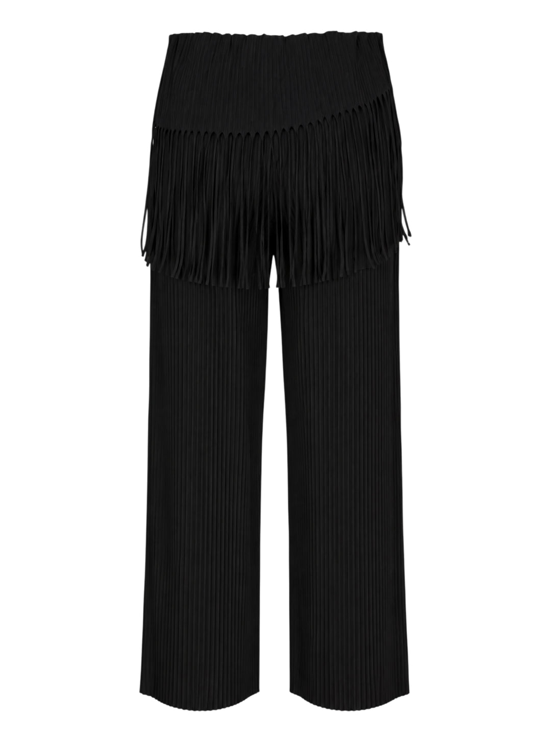me Issey Miyake Leaf Pleats Pants in black — rear view showing wide-leg pleated silhouette with dramatic fringe trim at the hip yoke and elasticated waistband - view 2
