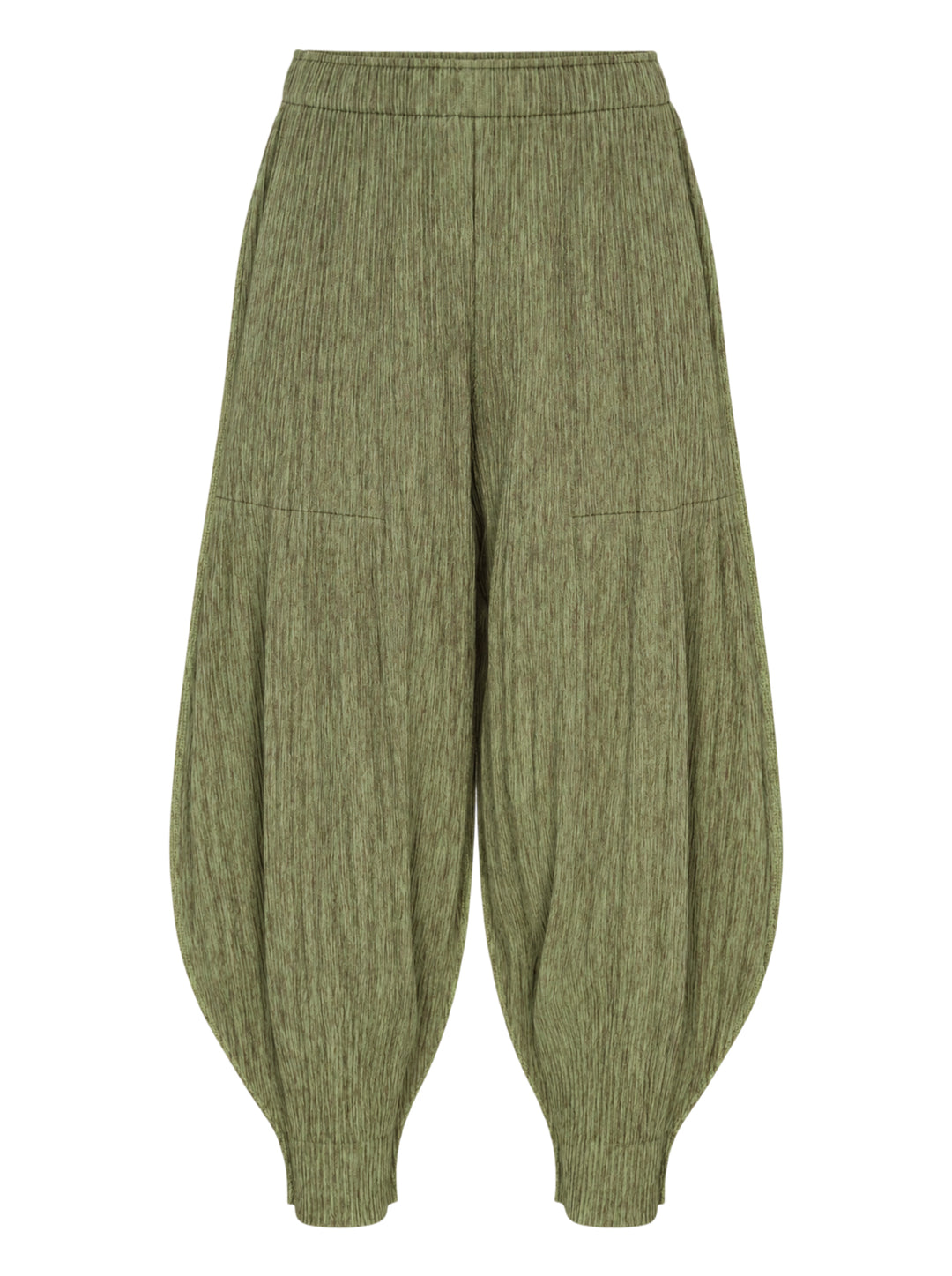 me Issey Miyake Mix Fine Knit Pleats Bottom in mottled olive green with elasticated waist and balloon-shaped pleated legs