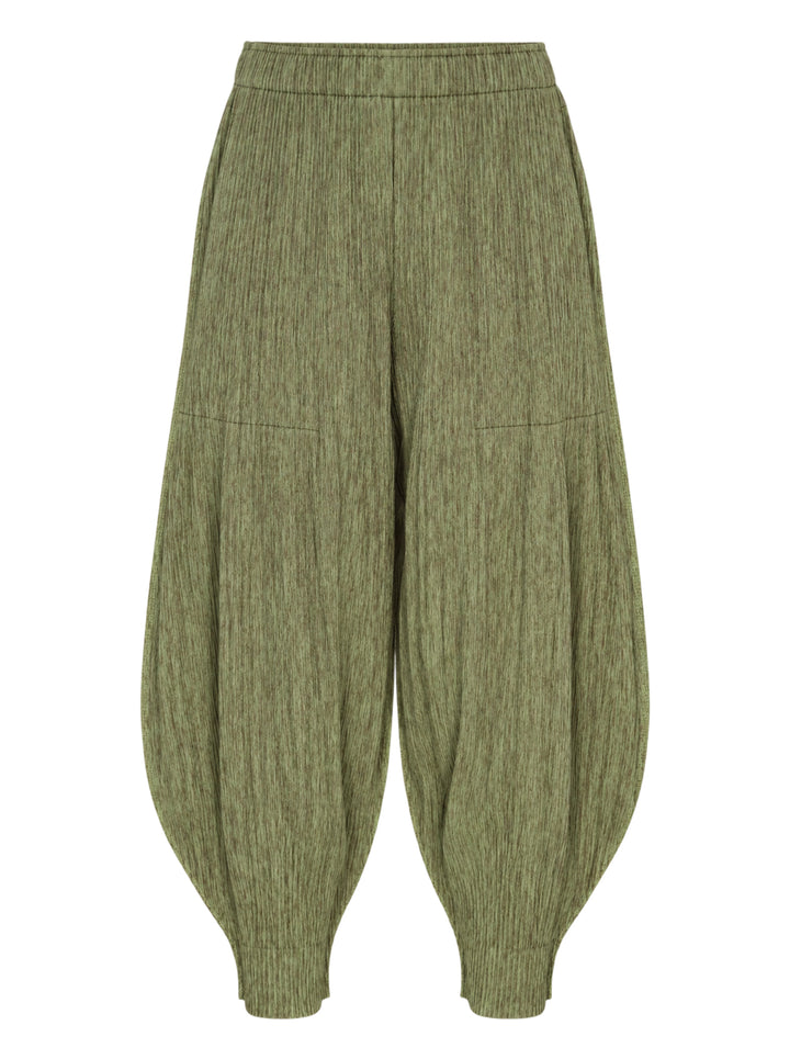 me Issey Miyake Mix Fine Knit Pleats Bottom in mottled olive green with elasticated waist and balloon-shaped pleated legs