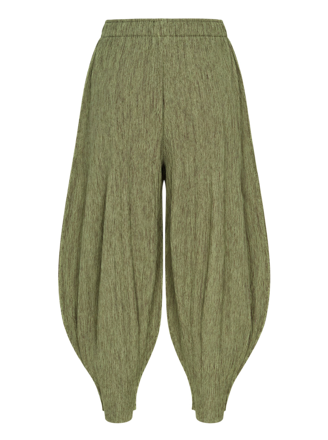 me Issey Miyake Mix Fine Knit Pleats Bottom in mottled olive green with elasticated waist and balloon-shaped pleated legs - view 2