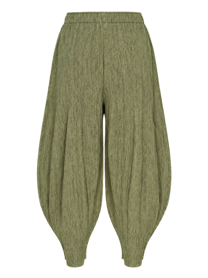 me Issey Miyake Mix Fine Knit Pleats Bottom in mottled olive green with elasticated waist and balloon-shaped pleated legs - view 2