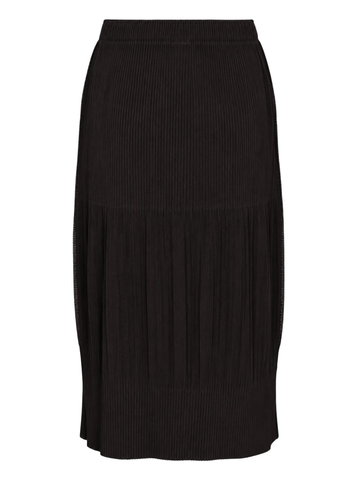 me Issey Miyake black pleated pencil skirt with fine ribbed texture and gathered lower panel, front view - view 2