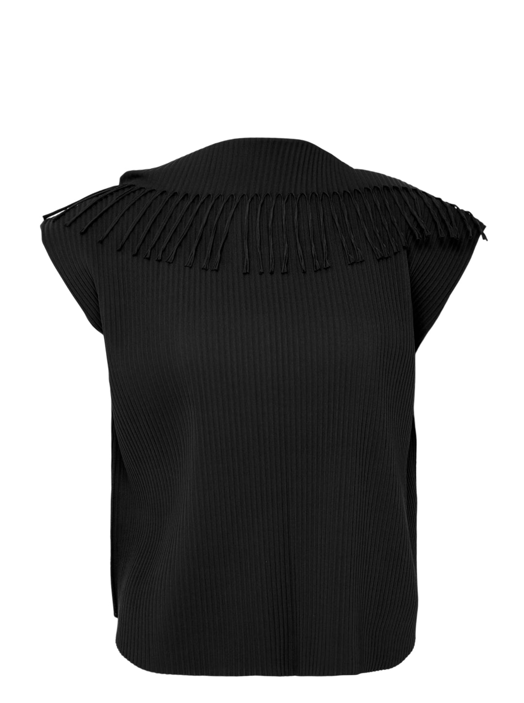 me Issey Miyake Leaf Pleats Top in black — back view showing ribbed pleated fabric with looped fringe trim across both shoulders and a boxy cap-sleeve silhouette