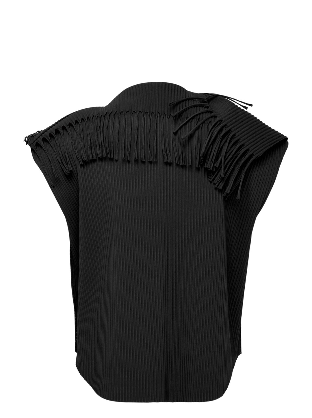 me Issey Miyake Leaf Pleats Top in black — back view showing ribbed pleated fabric with looped fringe trim across both shoulders and a boxy cap-sleeve silhouette - view 2