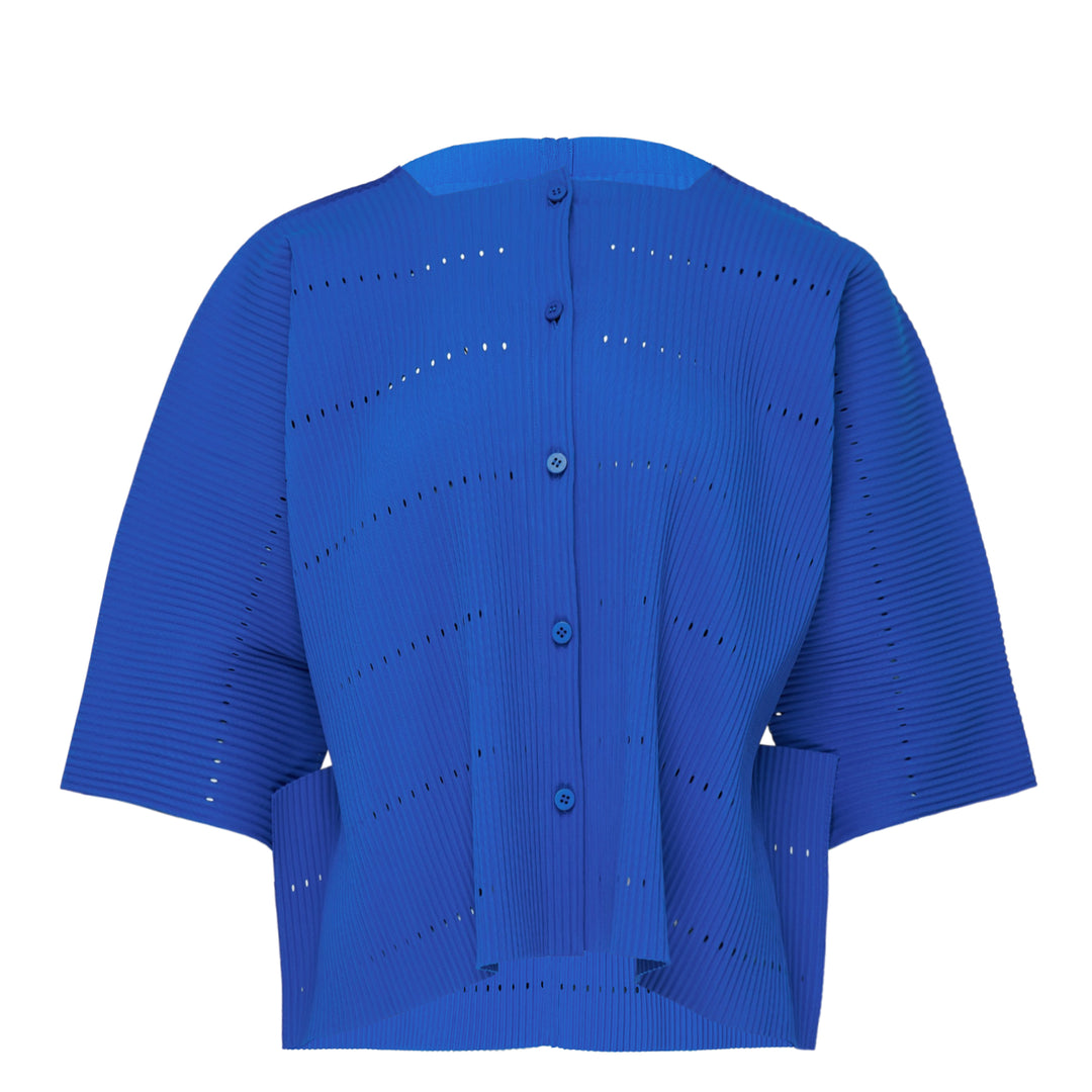 me Issey Miyake Tower Pleats Cardigan in cobalt blue, back view, featuring radiating openwork cutouts, tonal buttons, patch hip pockets, and cropped elbow-length sleeves