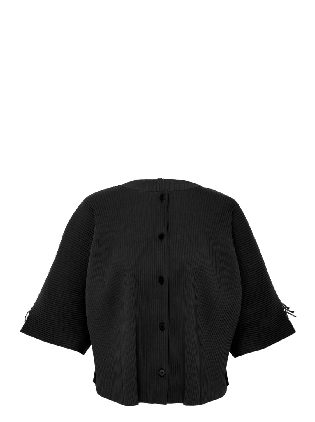 me Issey Miyake Leaf Pleats Cardigan in black, back view, showing tonal button closure, all-over relief pleating, wide sleeves with tie cuffs, and relaxed cropped silhouette