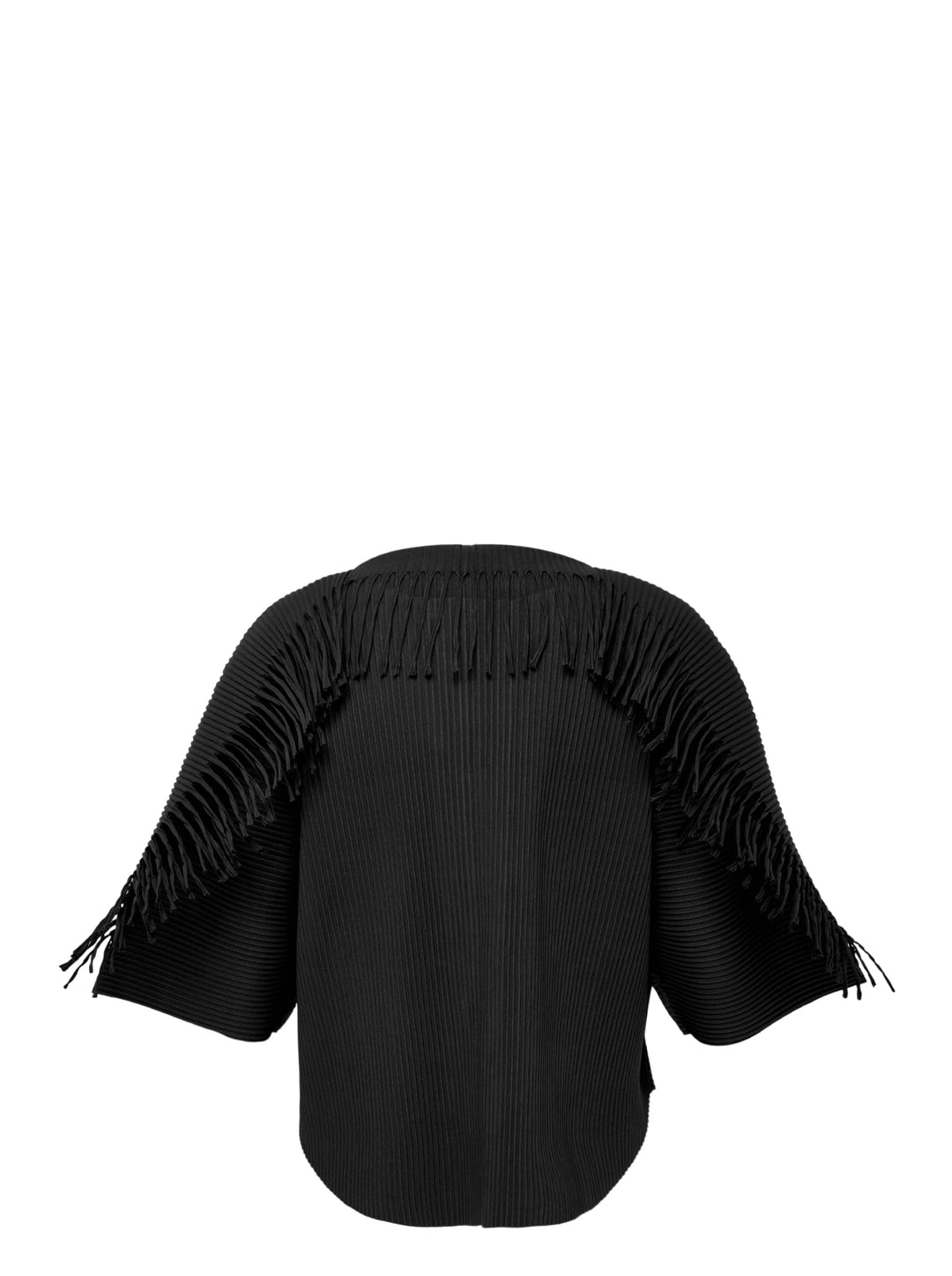 me Issey Miyake Leaf Pleats Cardigan in black, back view, showing tonal button closure, all-over relief pleating, wide sleeves with tie cuffs, and relaxed cropped silhouette - view 2