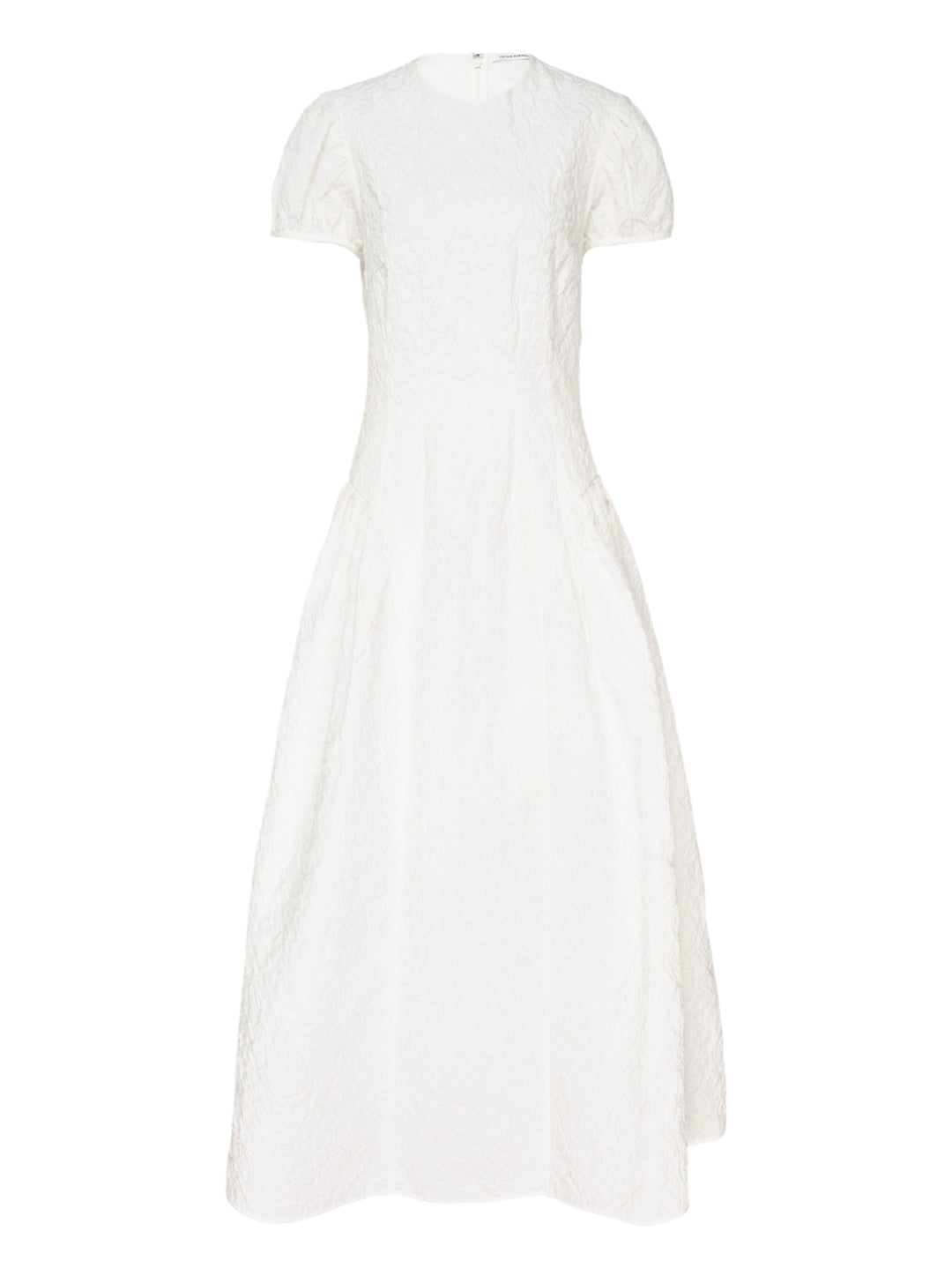 Cecilie Bahnsen Cleopatra Floratini midi dress in white textured jacquard with short puff sleeves, sculpted bodice, and full flared skirt, shown on a plain white background