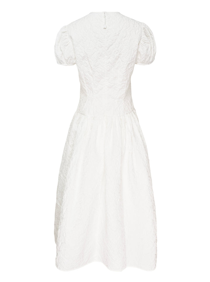 Cecilie Bahnsen Cleopatra Floratini midi dress in white textured jacquard with short puff sleeves, sculpted bodice, and full flared skirt, shown on a plain white background - view 2