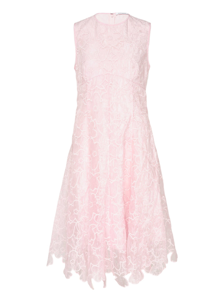 Cecilie Bahnsen Coranita sleeveless midi dress in blush pink floral-embroidered lace with an A-line silhouette and scalloped handkerchief hem