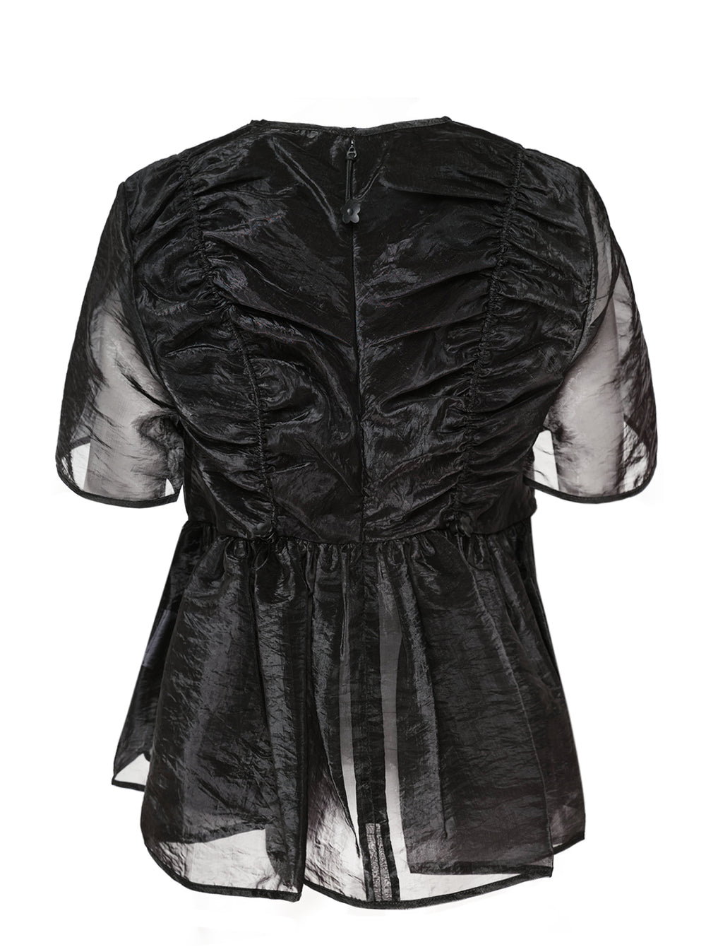 Cecilie Bahnsen Liquid Myrtia short-sleeve peplum top in black crinkled organza with sheer sleeves and gathered ruffle hem, photographed flat on a white background - view 2